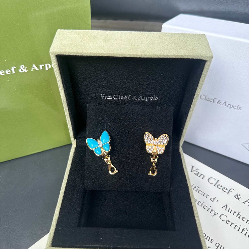 Van Cleef & Arpels Butterfly Ear Clips Turquoise Diamond Gold Tone